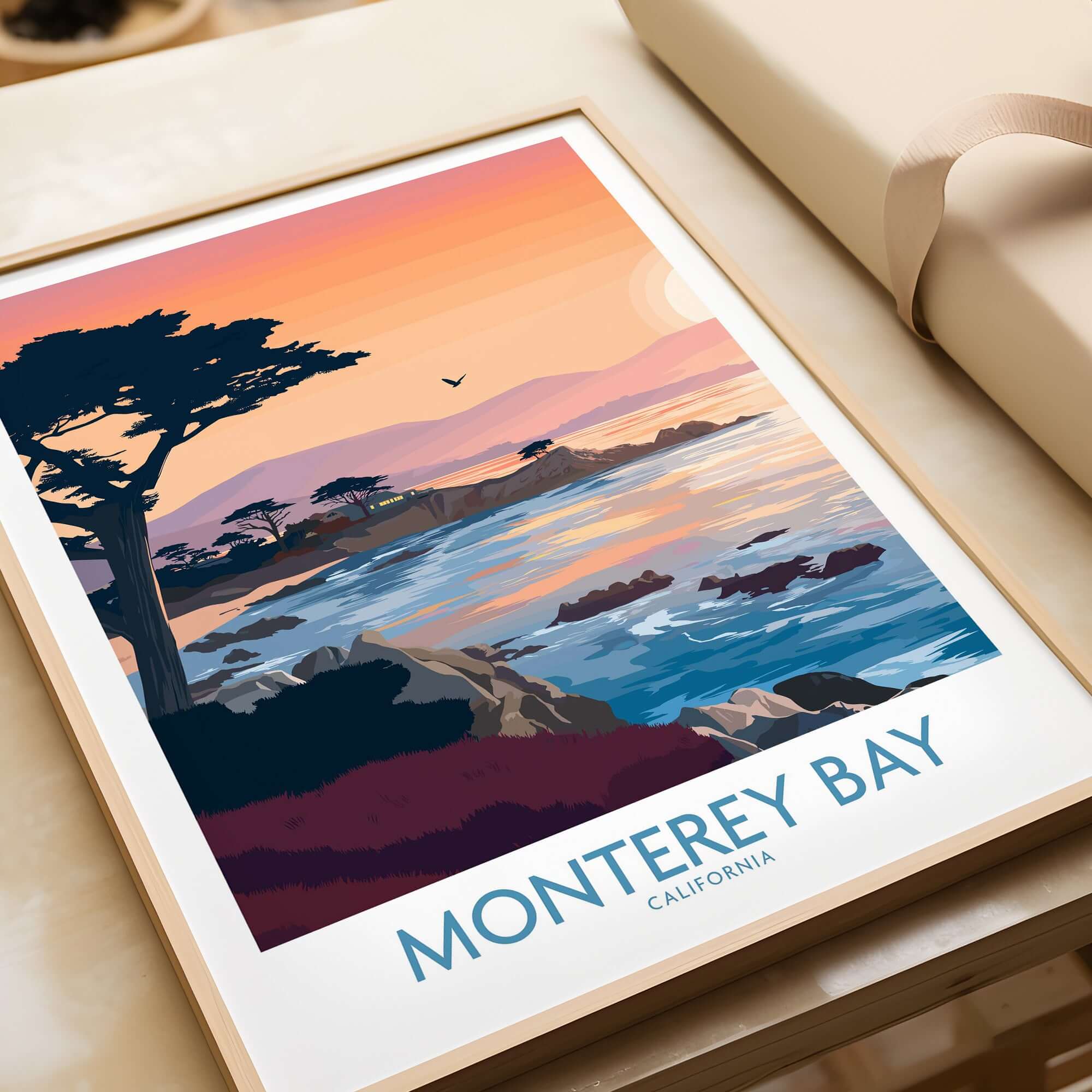 Monterey Bay California Sunset Coastline Poster - Cypress Tree Wall Art featuring sunset over water and cypress trees.