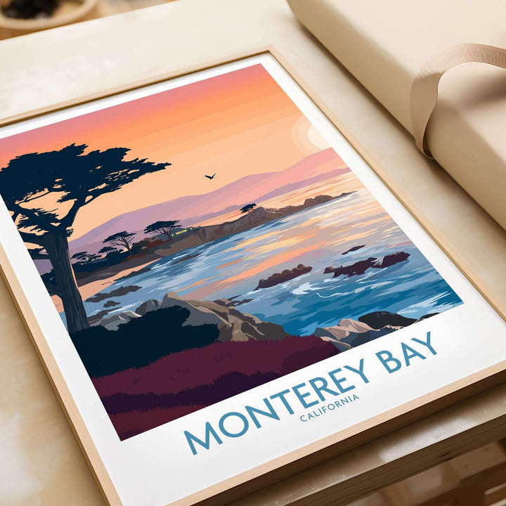 Monterey Bay California sunset coastline poster featuring cypress trees and serene ocean view.