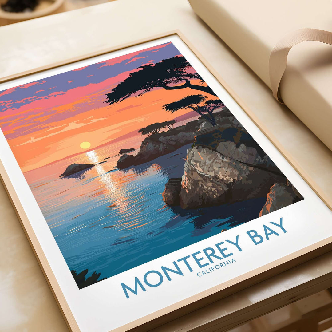 Monterey Bay poster showcasing a colorful sunset over the ocean, perfect for California coastal decor.