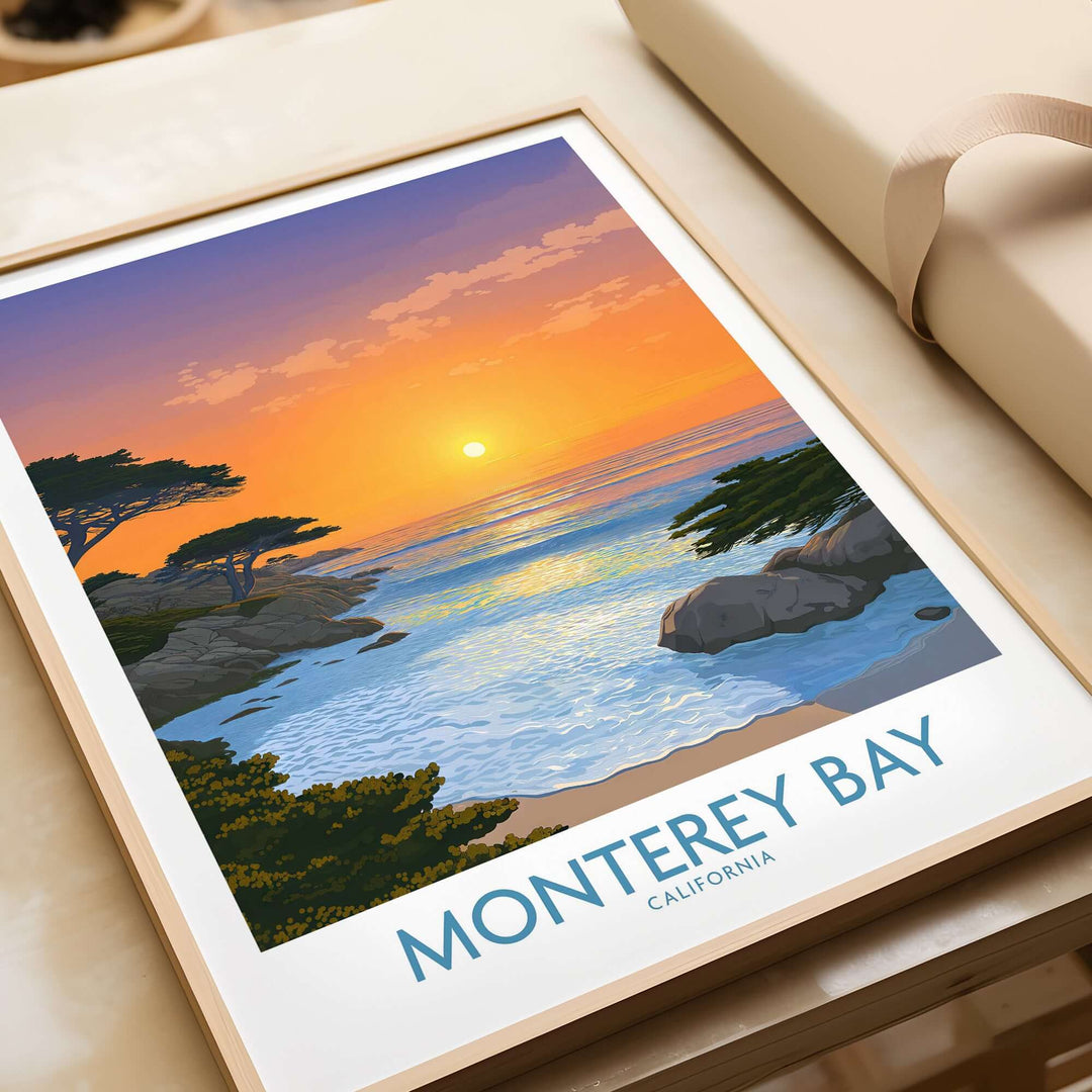 Monterey Bay California poster featuring a sunset over coastal waters, perfect for beach enthusiasts and decor lovers.