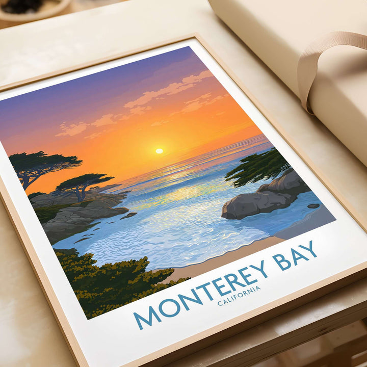 Monterey Bay California poster featuring a sunset over coastal waters, perfect for beach enthusiasts and decor lovers.