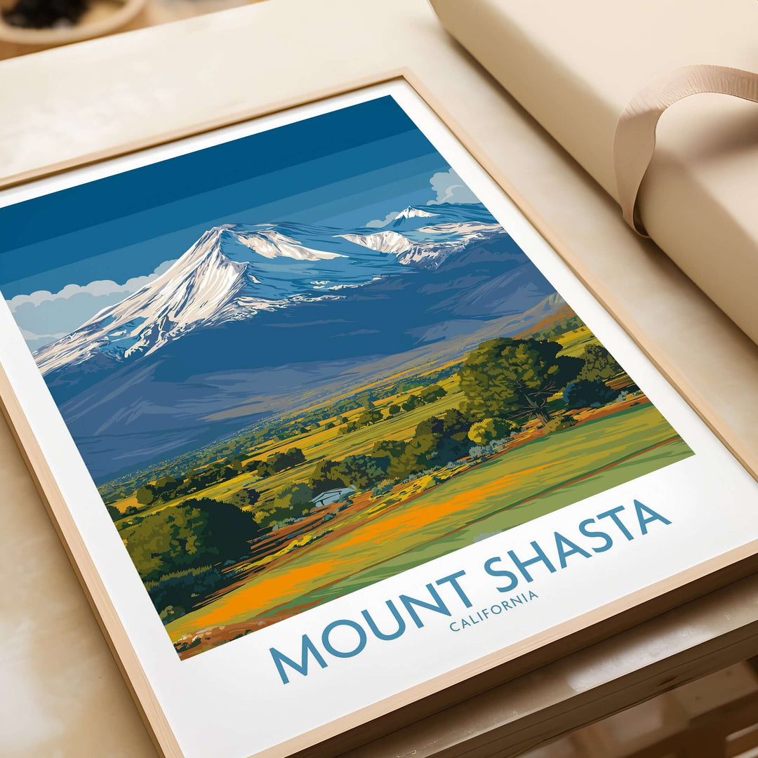 Mount Shasta California poster showcasing the majestic peak and surrounding landscape in vibrant colors.