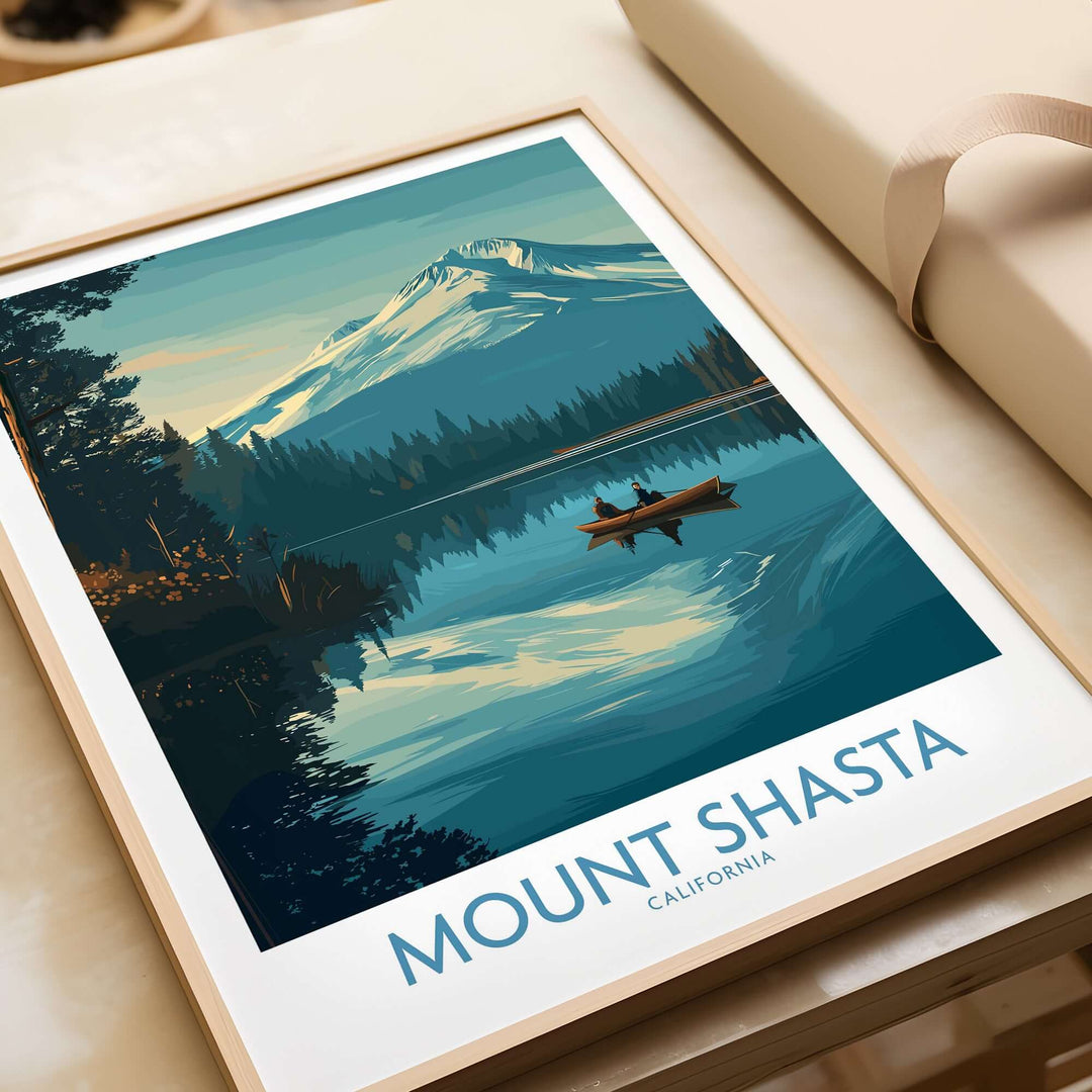 Mount Shasta poster featuring serene lake and mountain landscape in California, perfect for nature lovers.