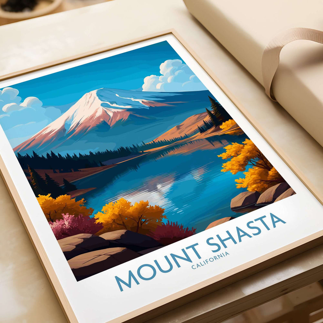 Mount Shasta wall art depicting vibrant nature landscape with mountains and lake in California.