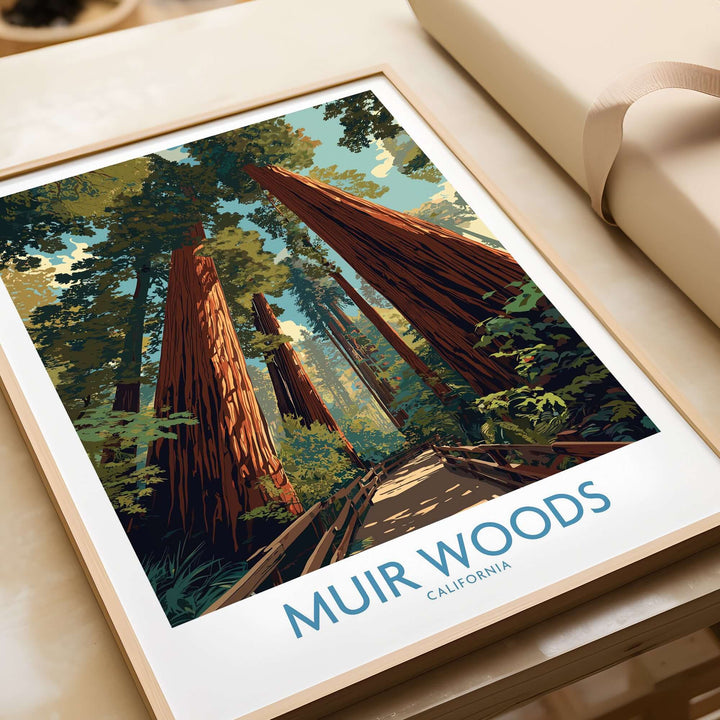 Muir Woods California National Monument poster featuring towering redwoods and serene forest landscape.