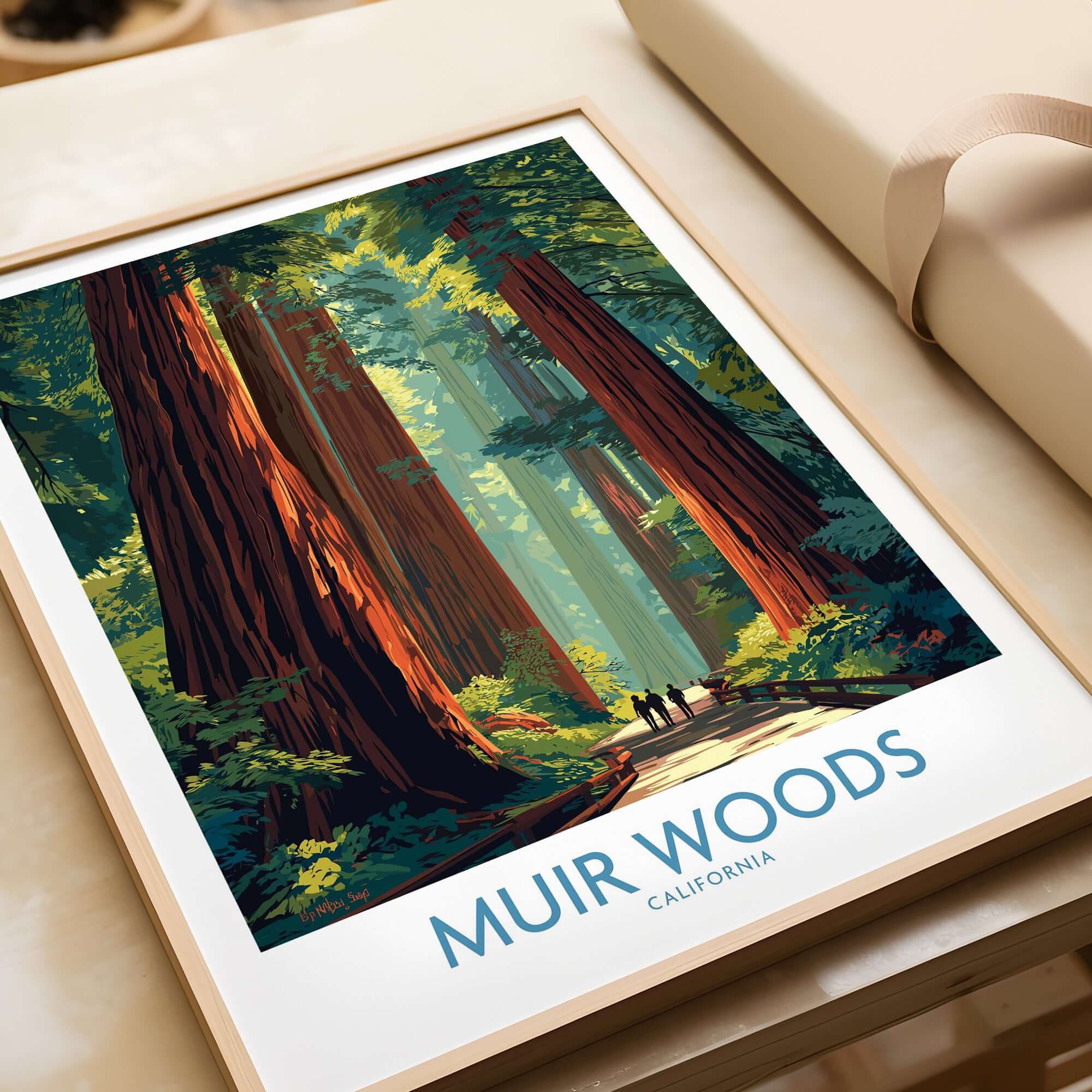 Muir Woods Print California - California National Park Wall Art depicting vibrant redwoods and lush scenery.