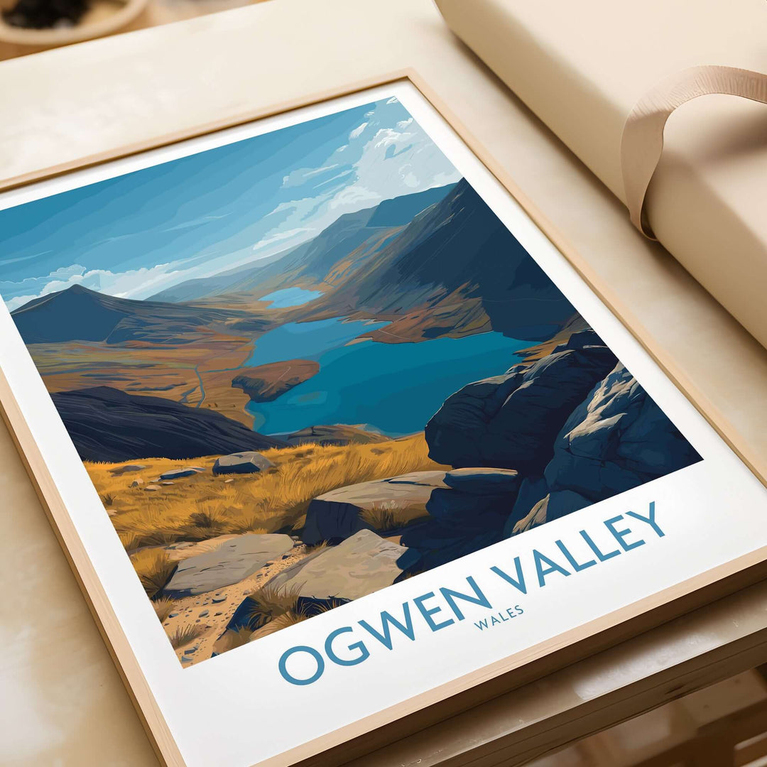 Ogwen Valley Wales poster featuring blue lakes and peaks, showcasing Welsh wilderness decor.