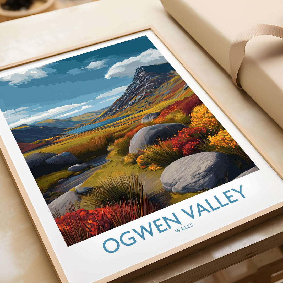 Ogwen Valley wall art featuring rocky landscape and vibrant autumn colors, showcasing Welsh nature decor for travel enthusiasts.
