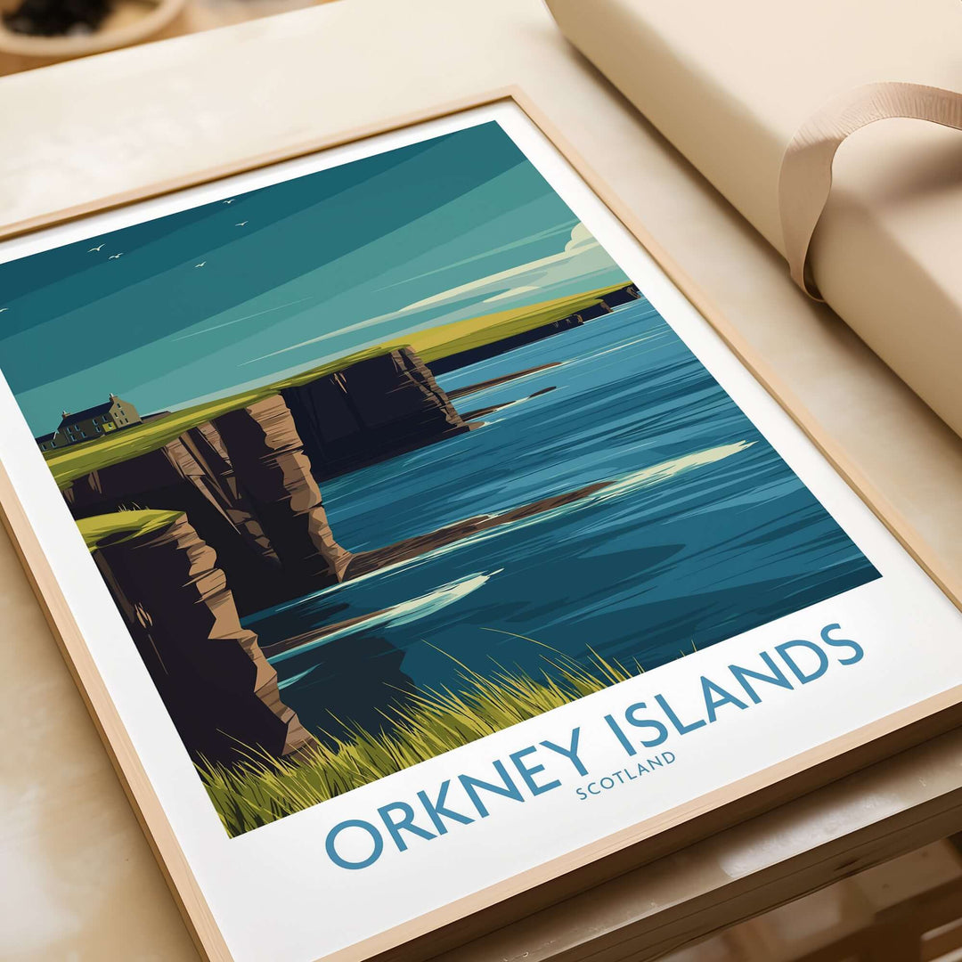 Orkney Islands wall art featuring cliffs and sea, perfect Scottish decor for travel enthusiasts.