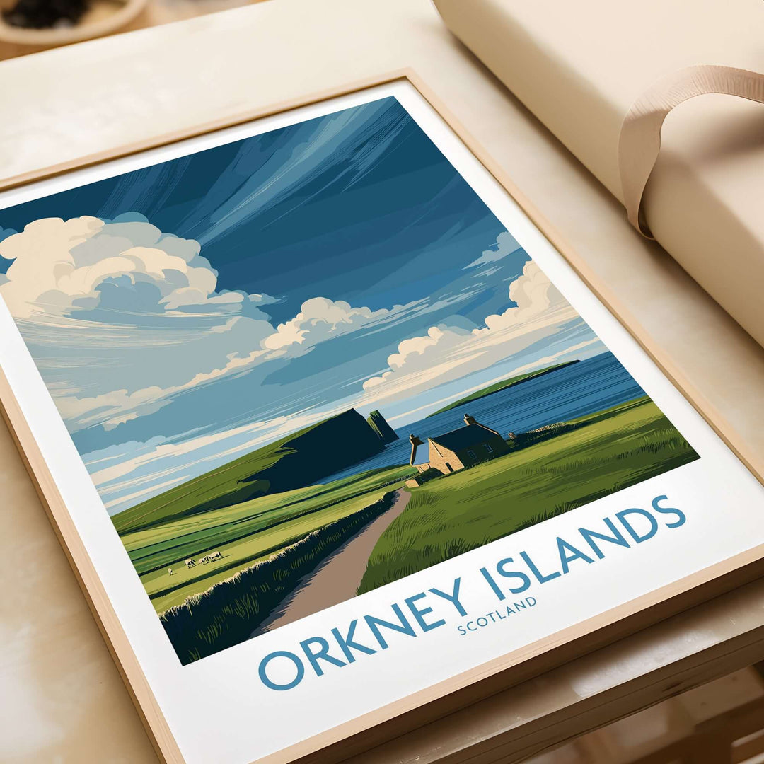 Orkney Islands wall art featuring Scotland's rugged landscape with a vibrant sky and serene coastal view.