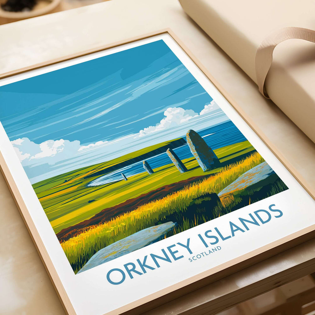Orkney Islands Scotland prehistoric stones poster art showcasing ancient sites and vibrant landscapes for travel decor.