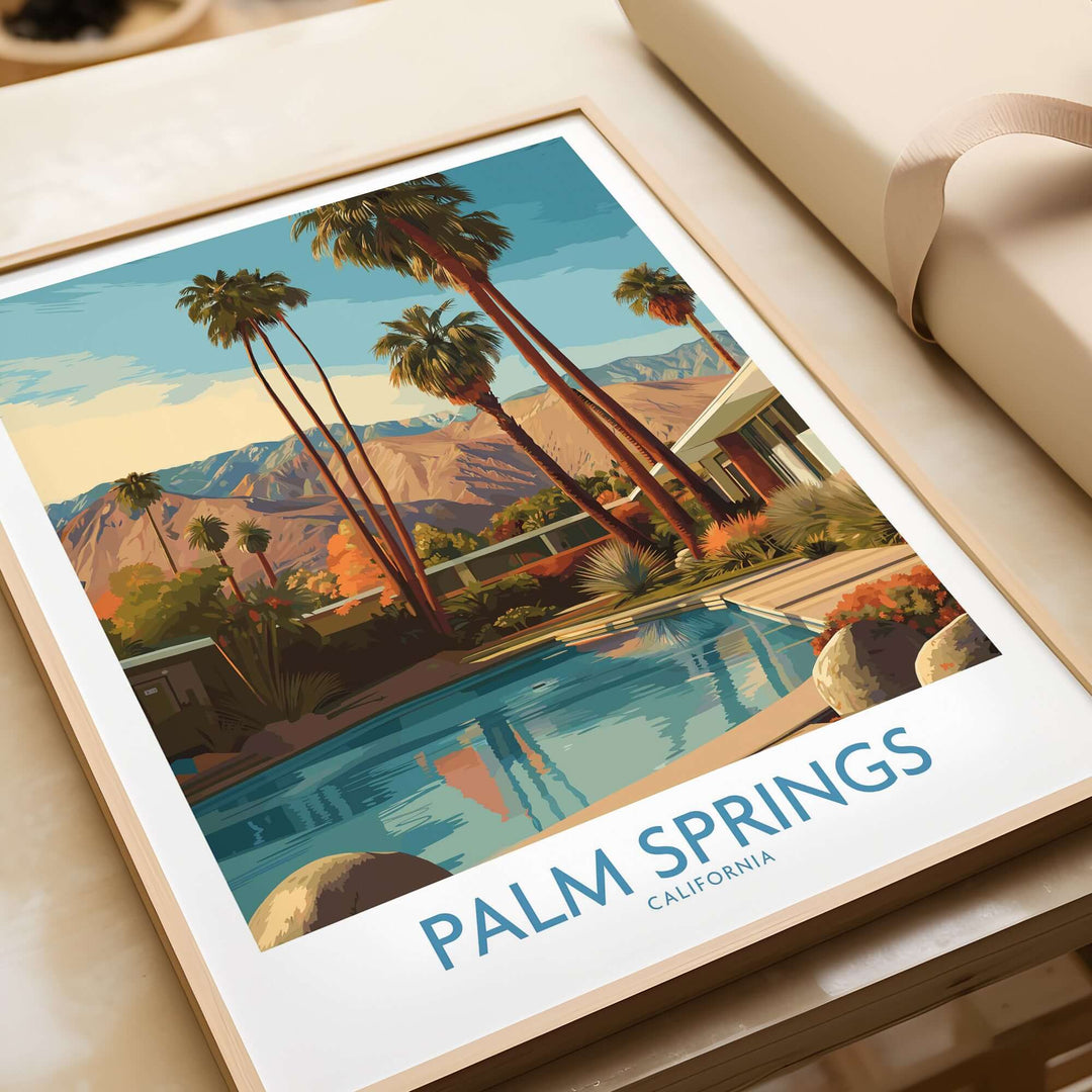 Colorful Palm Springs poolside print with mountains and palm trees, perfect California travel decor for home.