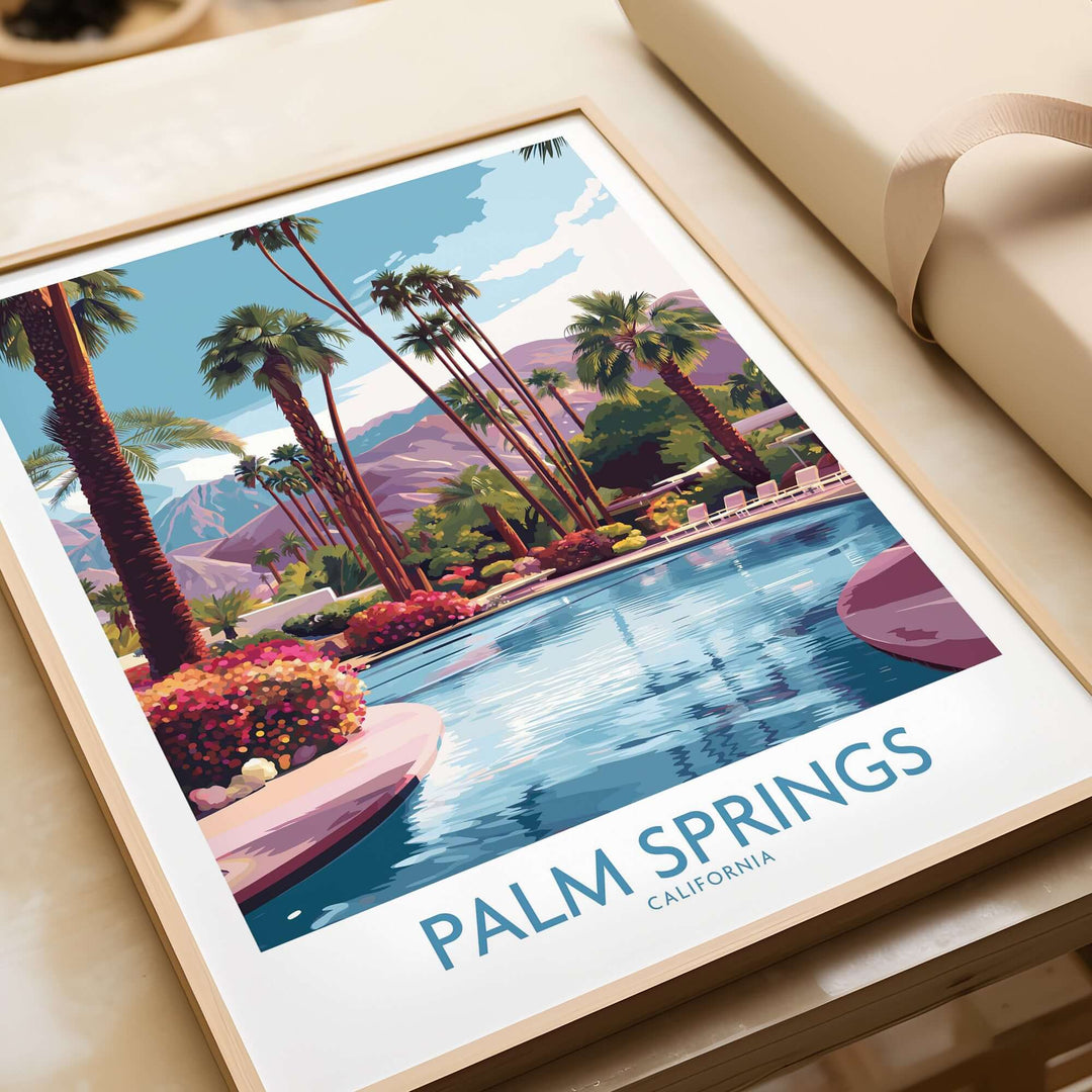 Vibrant Palm Springs garden poster featuring a serene pool surrounded by palm trees and colorful blooms.