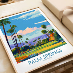Palm Springs Palm Tree Oasis Wall Art - California Travel Poster featuring vibrant palm trees and mountains.