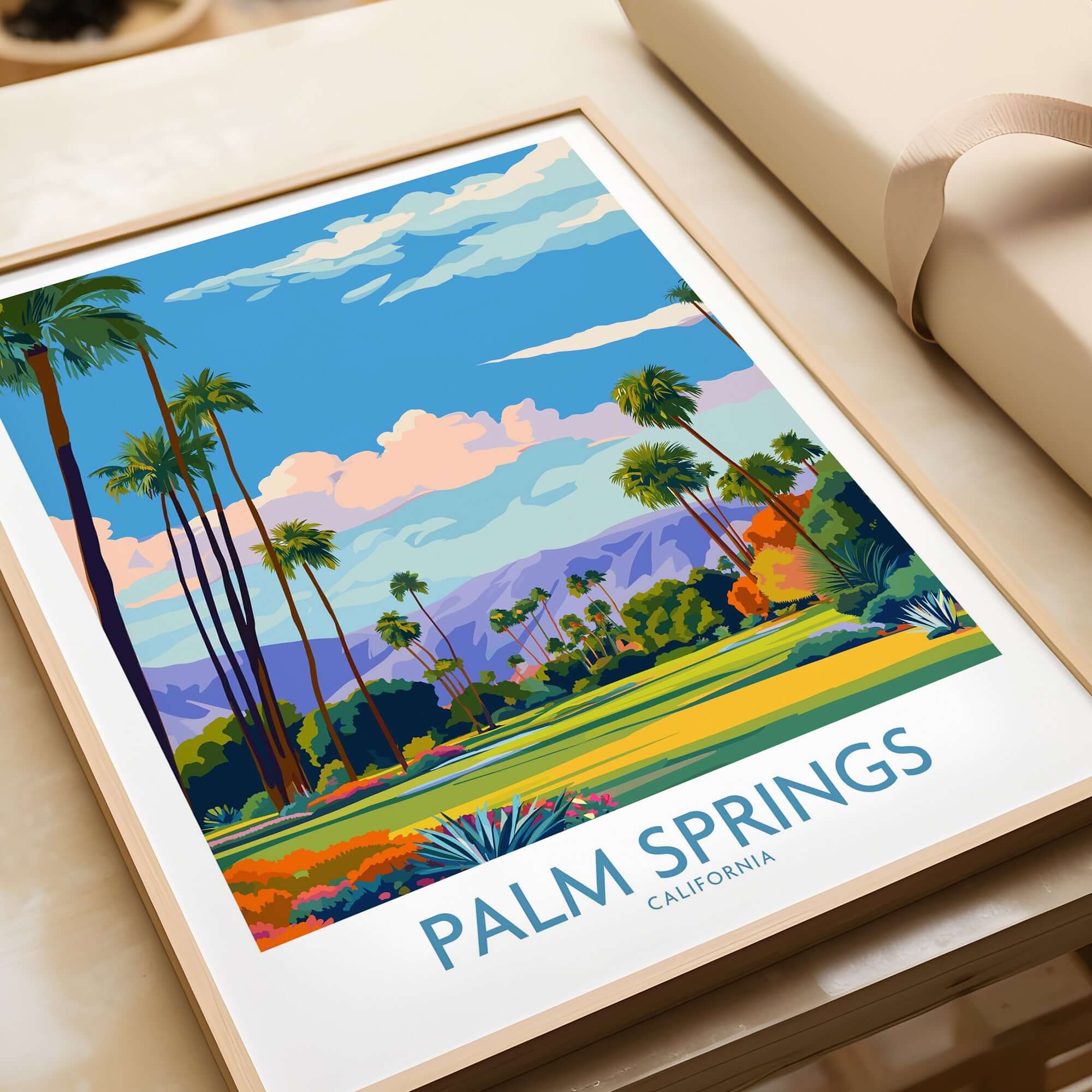 Palm Springs Palm Tree Oasis Wall Art - California Travel Poster featuring vibrant palm trees and mountains.