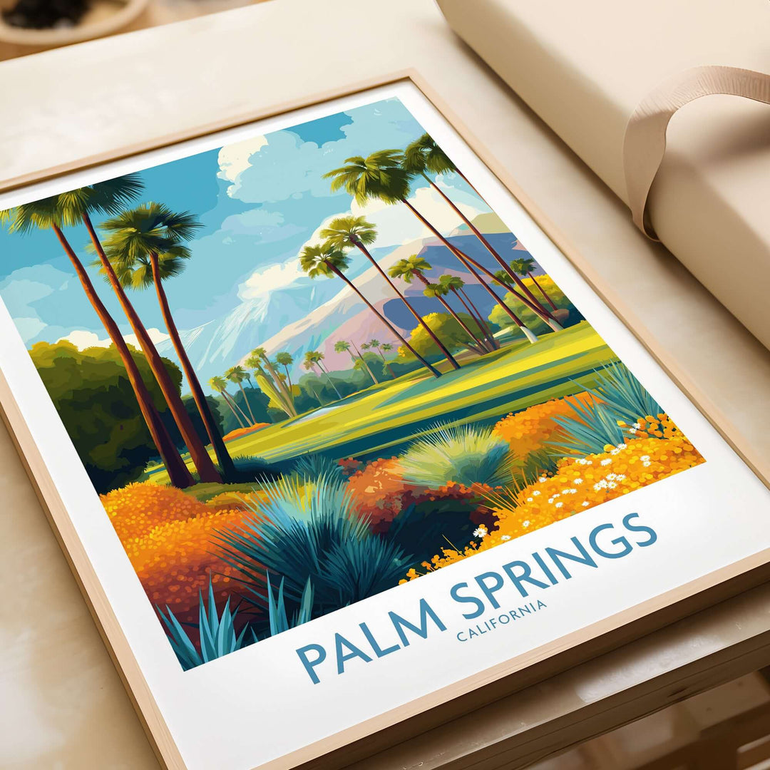Colorful Palm Springs garden poster showcasing lush greenery and mountains for California golf vacation inspiration.