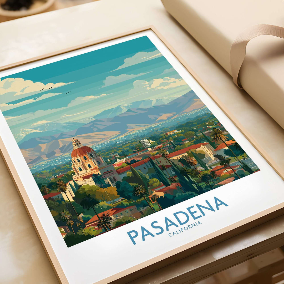 Pasadena California skyline wall art print featuring vibrant city architecture and scenic mountains.