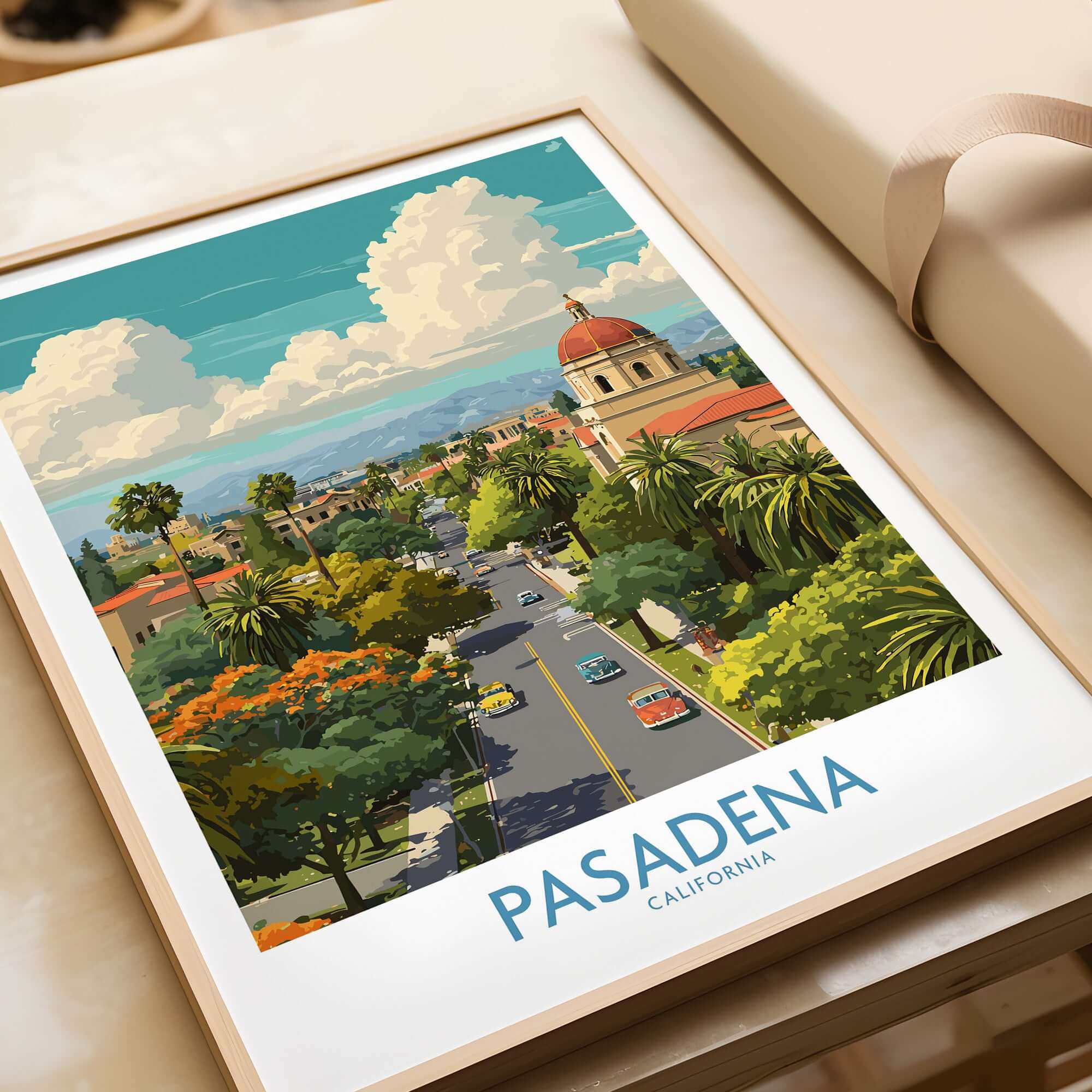 Pasadena Wall Art - California Travel Poster showcasing a vibrant city view with palm trees and iconic architecture.