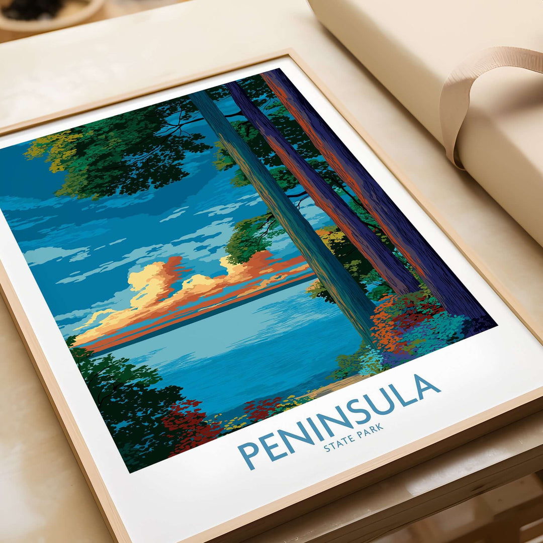 Vibrant landscape print of Peninsula State Park featuring colorful trees and a serene lake view.
