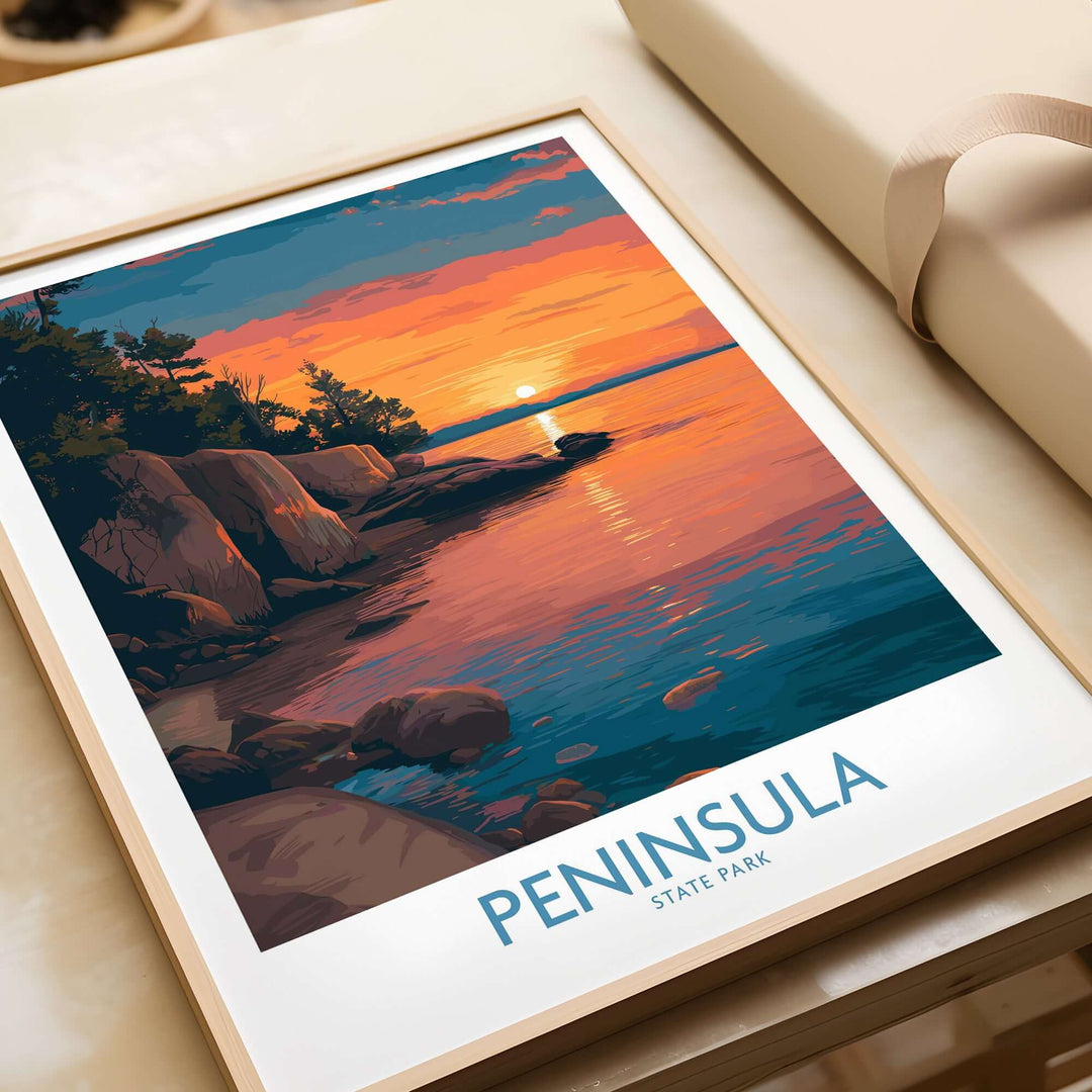 Peninsula State Park golden hour lake view poster showcasing vibrant sunset colors, perfect for Wisconsin travel decor.