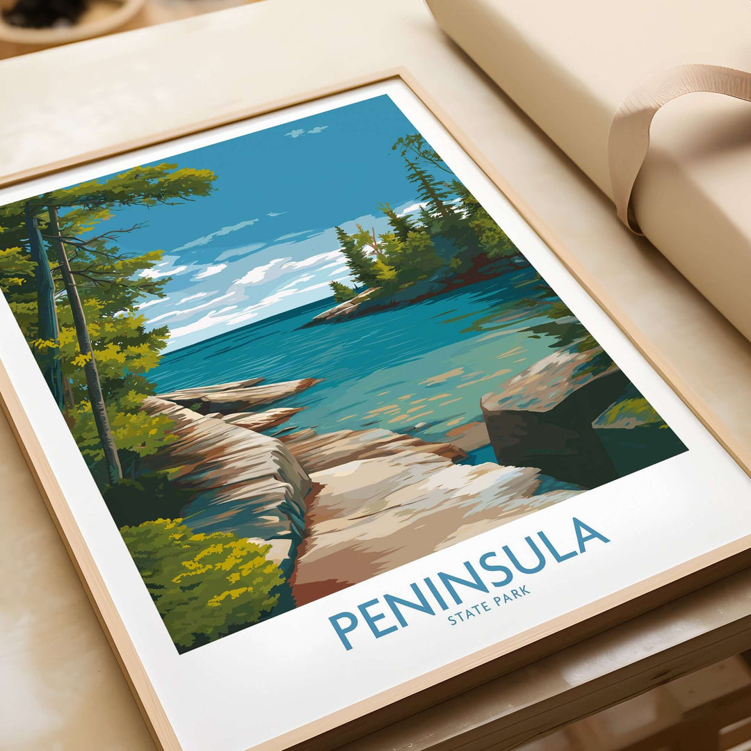 Peninsula State Park wall art featuring scenic views of Green Bay's shoreline and lush greenery.