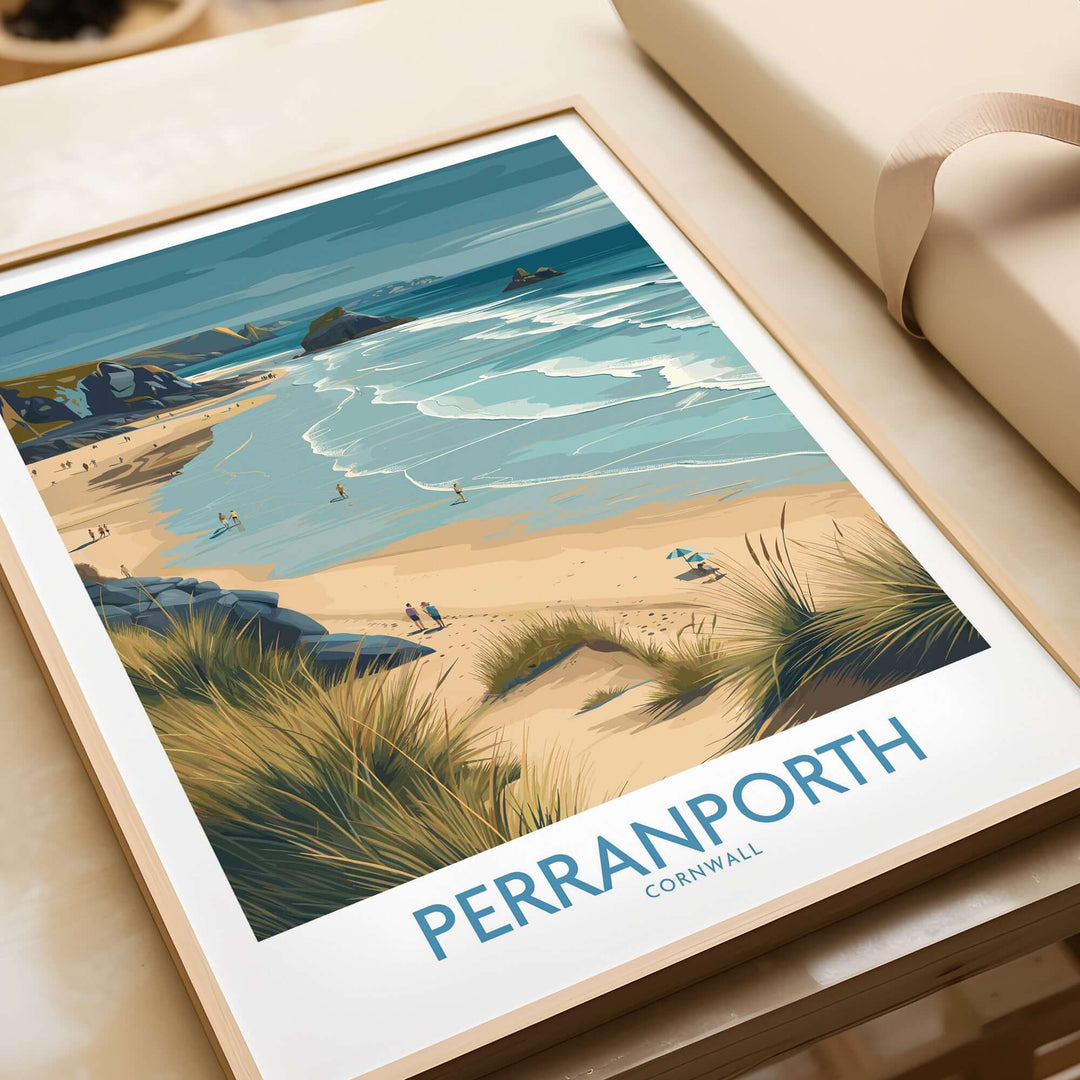 Perranporth Cornwall ocean waves seascape poster showcasing sandy beach and vibrant sea, ideal for travel decor.
