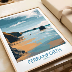 Perranporth Cornwall Ocean Walk Wall Art - UK Seaside Decor showcasing a calm beach and coastal scenery.