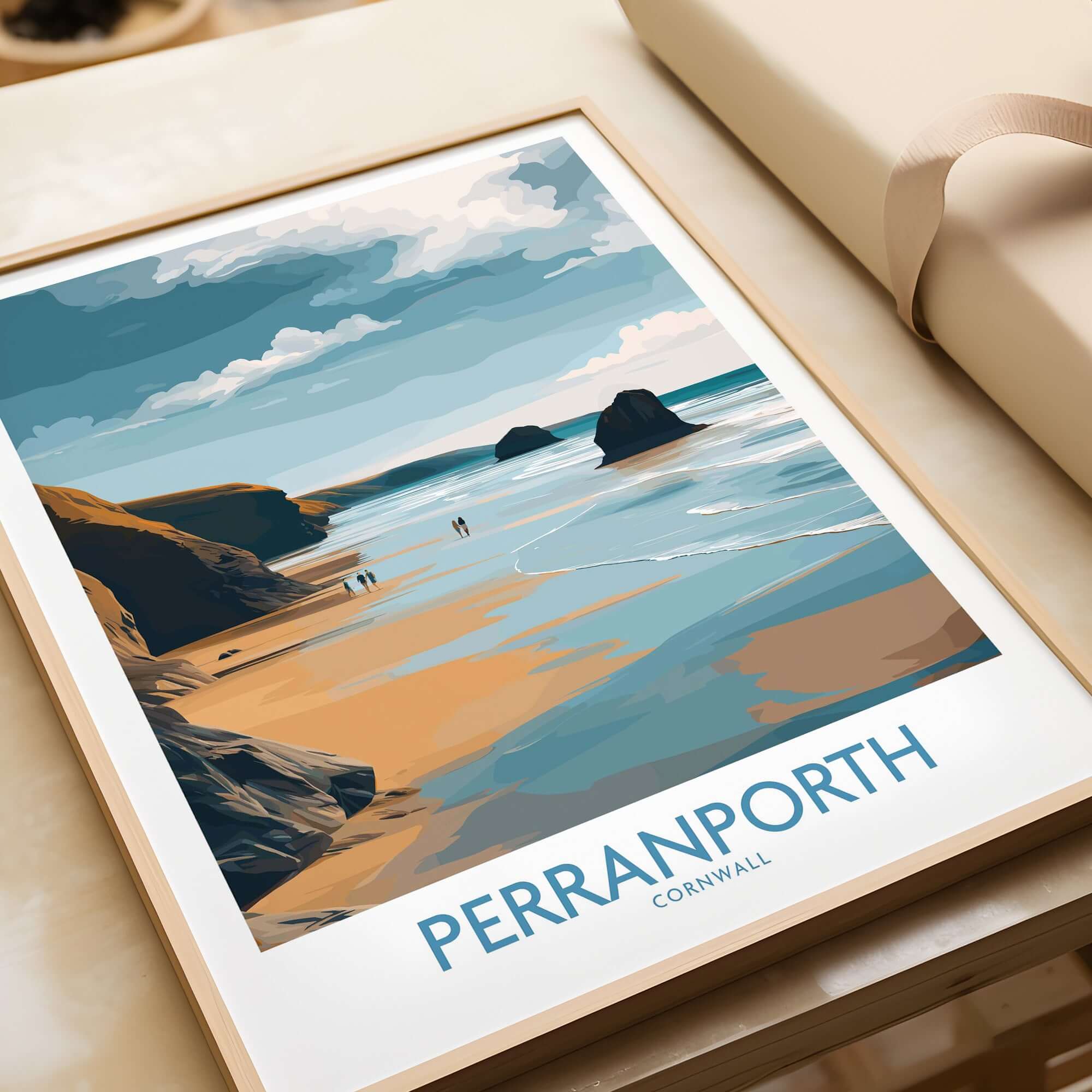 Perranporth Cornwall Ocean Walk Wall Art - UK Seaside Decor showcasing a calm beach and coastal scenery.