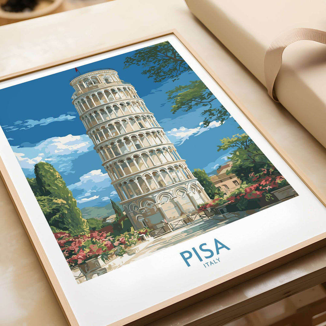 Pisa Italy Bell Tower travel wall art poster showcasing the iconic Leaning Tower surrounded by vibrant greenery.