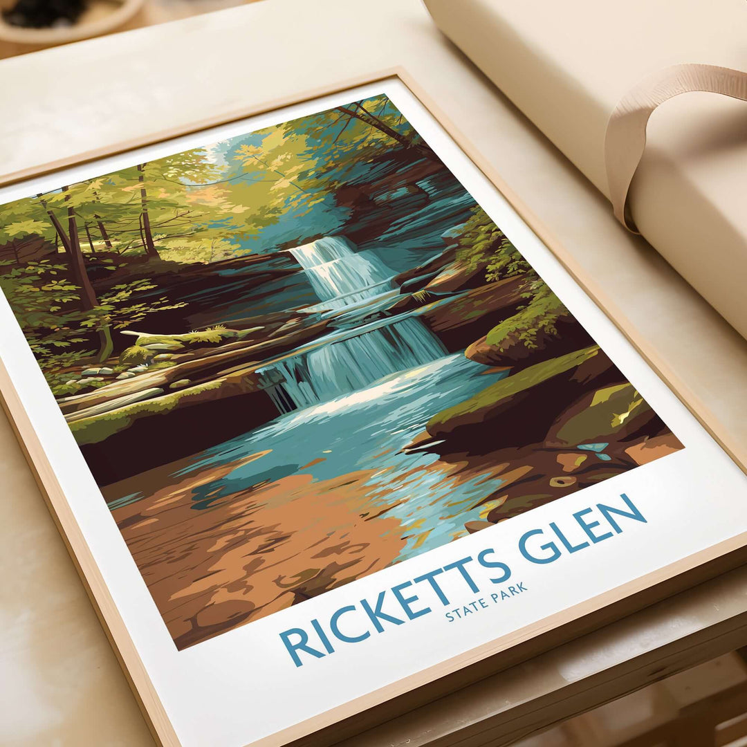 Ricketts Glen State Park waterfall poster showcasing vibrant forest scenery and cascading water in Pennsylvania.