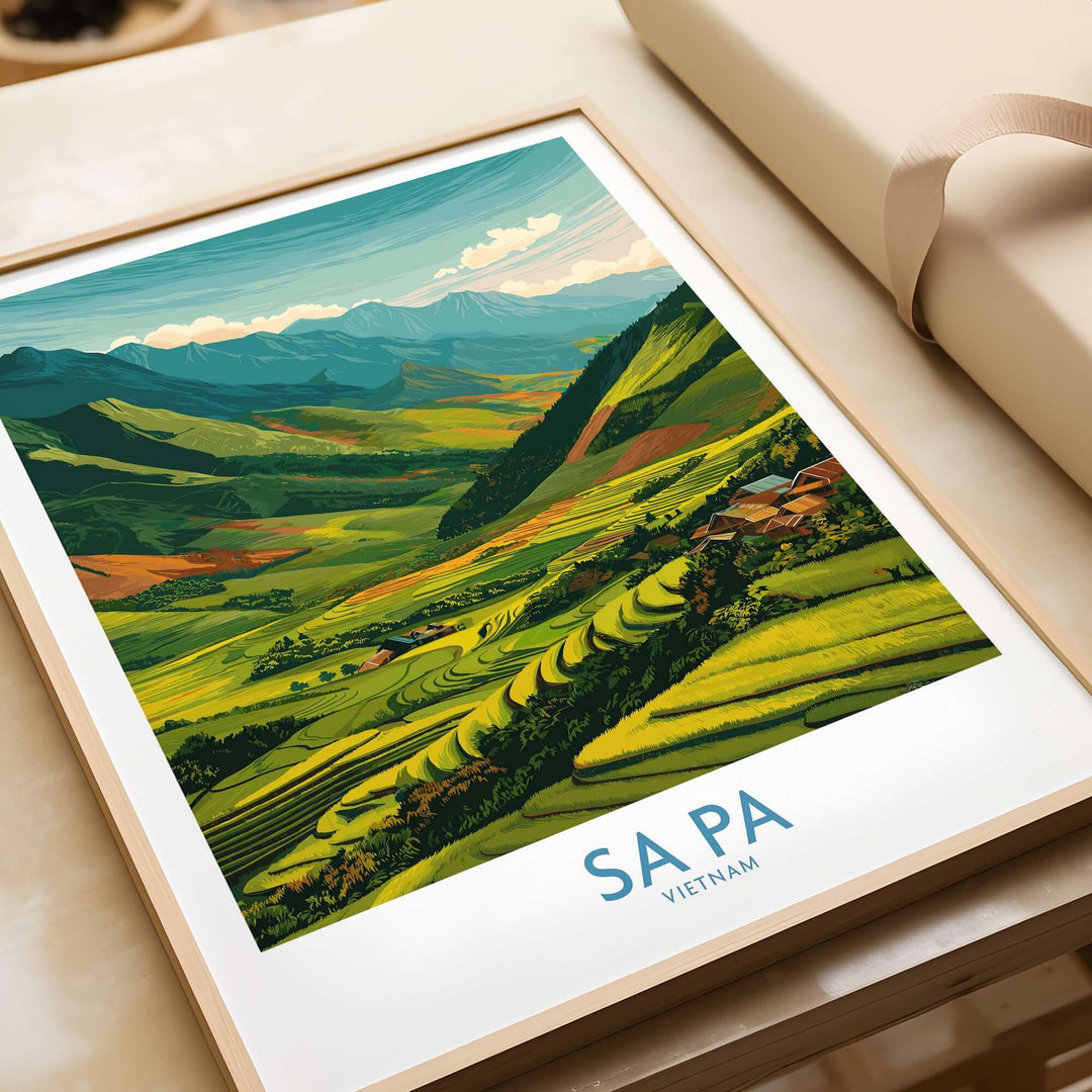 Sa Pa Vietnam print featuring lush rice terraces and mountains, perfect for Vietnamese countryside decor.