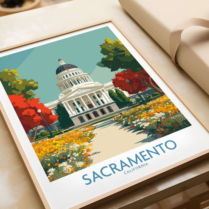 Sacramento Capitol poster featuring the iconic California State Capitol building surrounded by vibrant flowers.