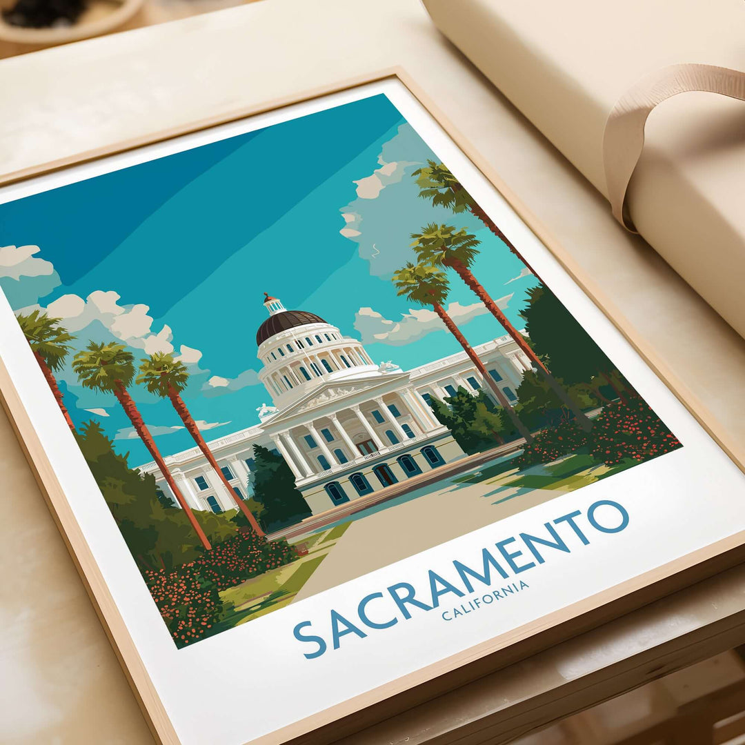 Sacramento poster featuring California State Capitol building surrounded by palm trees and blue sky