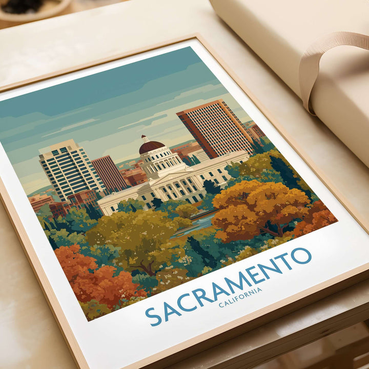Sacramento California poster showcasing the city skyline and landmarks with autumnal foliage.