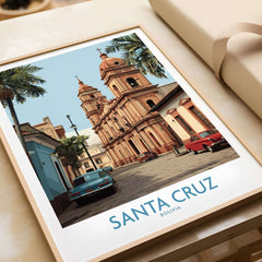 Santa Cruz Bolivia Art Print | Historic City Poster featuring iconic architecture and classic cars in vibrant colors.
