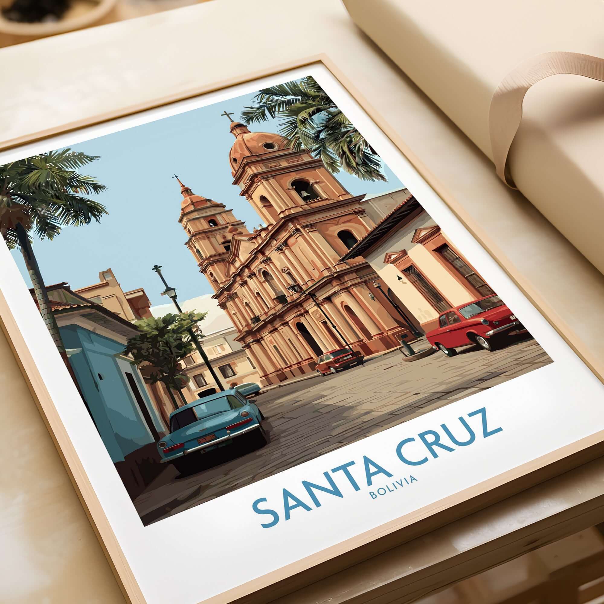 Santa Cruz Bolivia Art Print | Historic City Poster featuring iconic architecture and classic cars in vibrant colors.