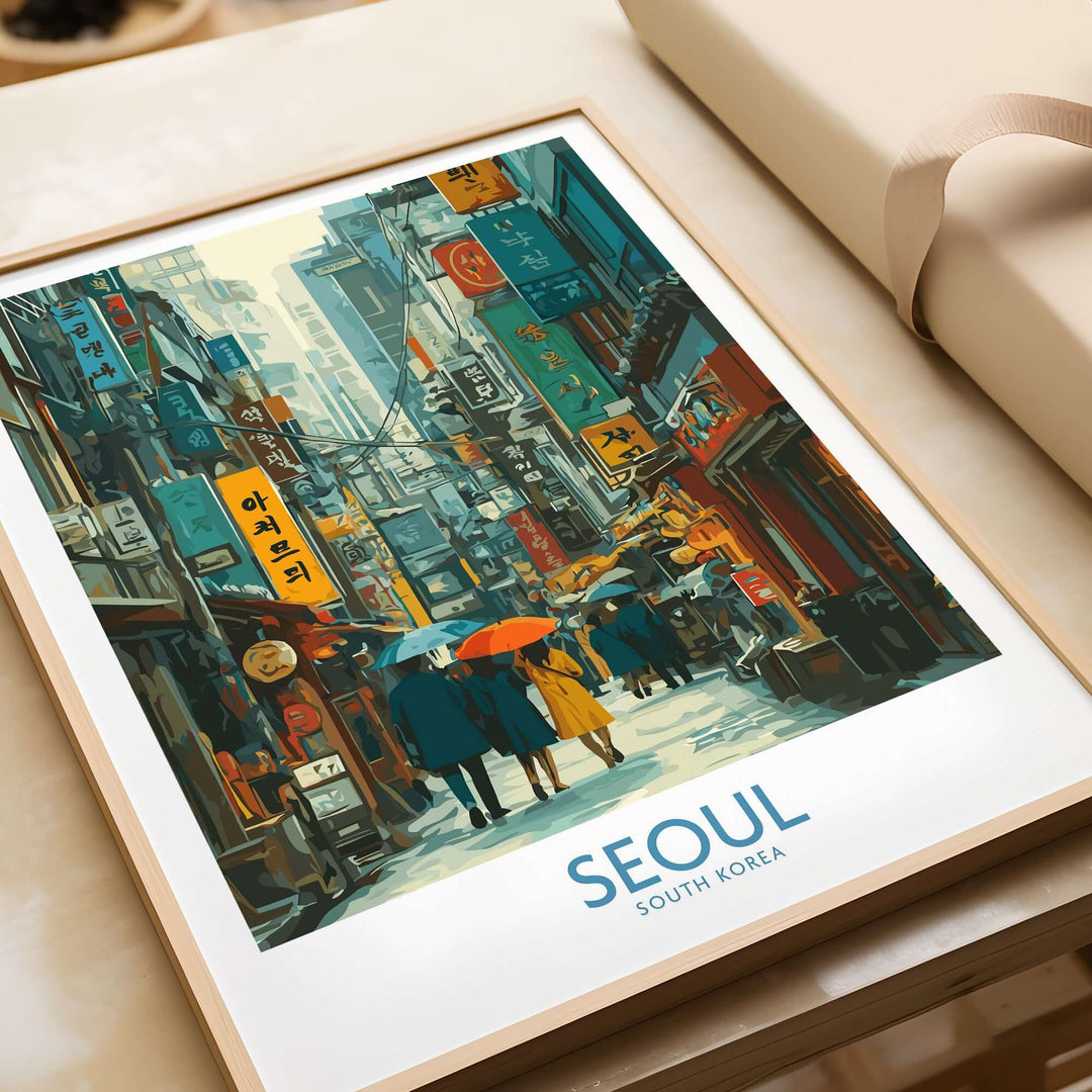 Seoul poster showcasing vibrant city life with people and umbrellas in a bustling street, framed art print.