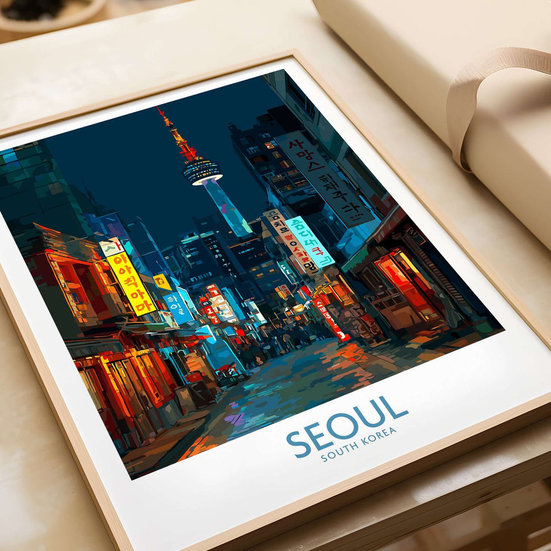 Seoul South Korea wall art print showcasing a vibrant cityscape with iconic architecture and colorful lights.