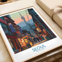 Seoul South Korea Korean City Nightlife Poster - Seoul Travel Print depicting vibrant streets and illuminated buildings.
