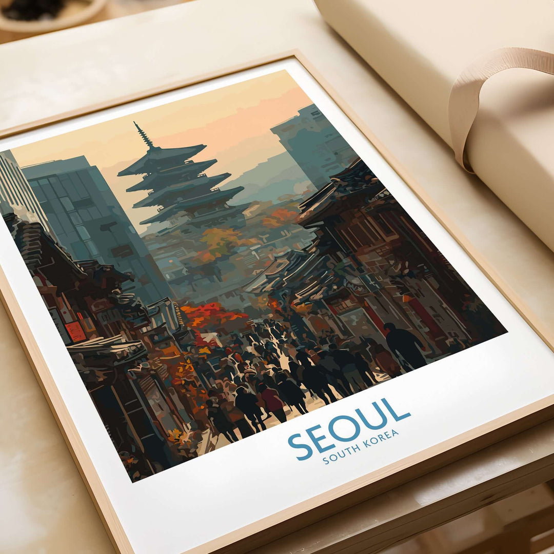 Seoul South Korea old town skyline wall art featuring historic architecture and city views.