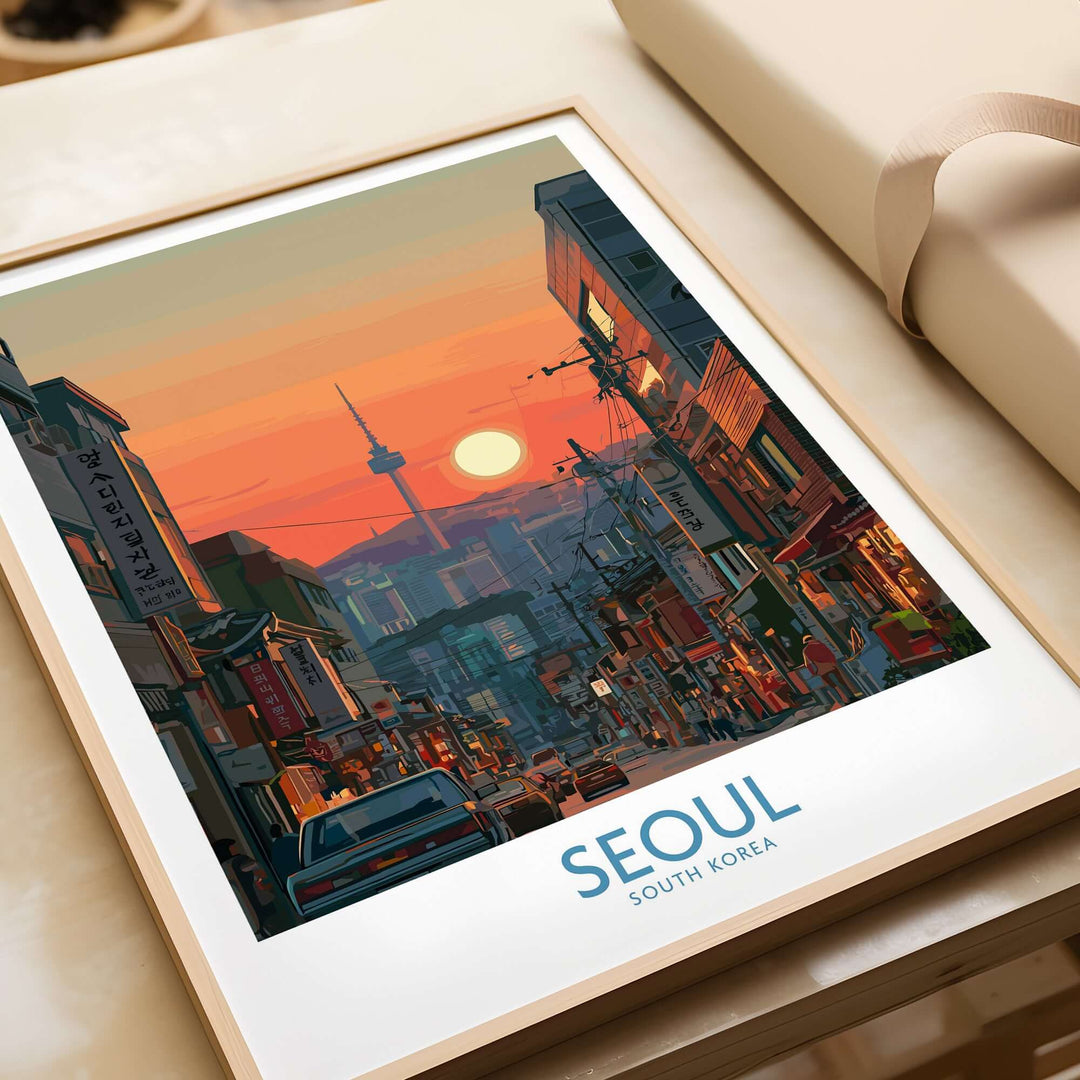 Seoul South Korea wall art travel poster featuring vibrant city skyline and sunset, ideal for urban decor.