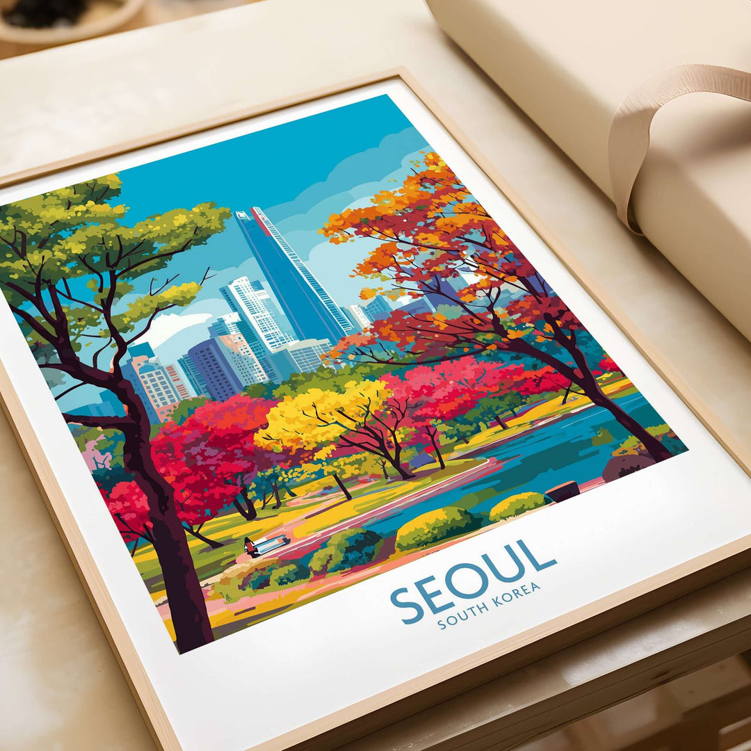 Colorful Seoul skyline poster showcasing autumn park scenery with vibrant trees and modern architecture.