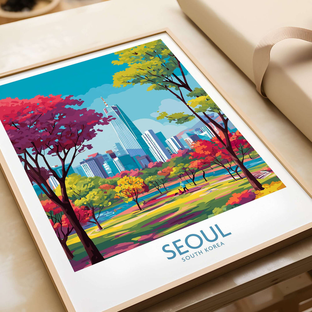 Vibrant Seoul wall art print showcasing colorful trees and iconic skyscrapers of South Korea's capital.