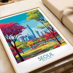 Seoul Wall Art - South Korea Print featuring vibrant cityscape and colorful trees