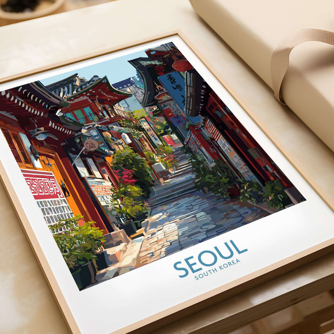 Seoul South Korea Bukchon Hanok Village poster showcasing traditional architecture and vibrant city scene.