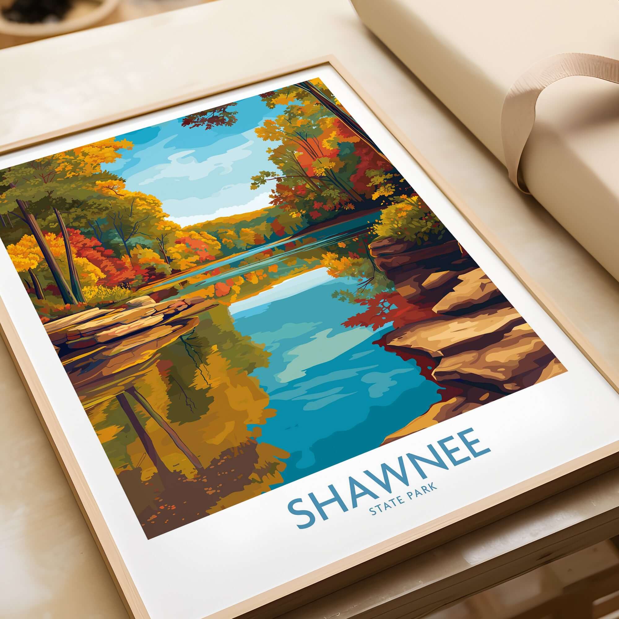 Shawnee State Park Colorful Trees Landscape Poster - Ohio Nature Travel Decor on a wooden table.