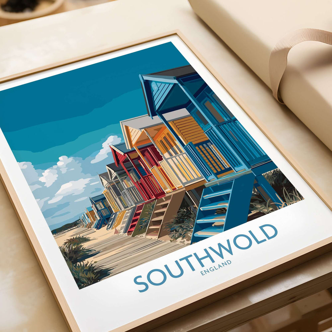 Framed poster of colorful Southwold beach huts in England, capturing vibrant seaside charm and coastal culture.