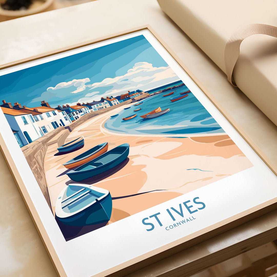 St Ives Cornish harbor wall art showcasing a beach scene with colorful boats and coastal houses in Cornwall.