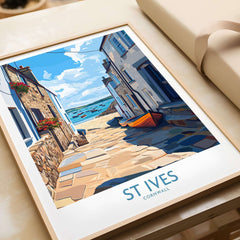 St Ives Cornwall Cornish Village Wall Art - Harbor Boats Decor featuring a coastal scene with harbor boats and stone alleys.