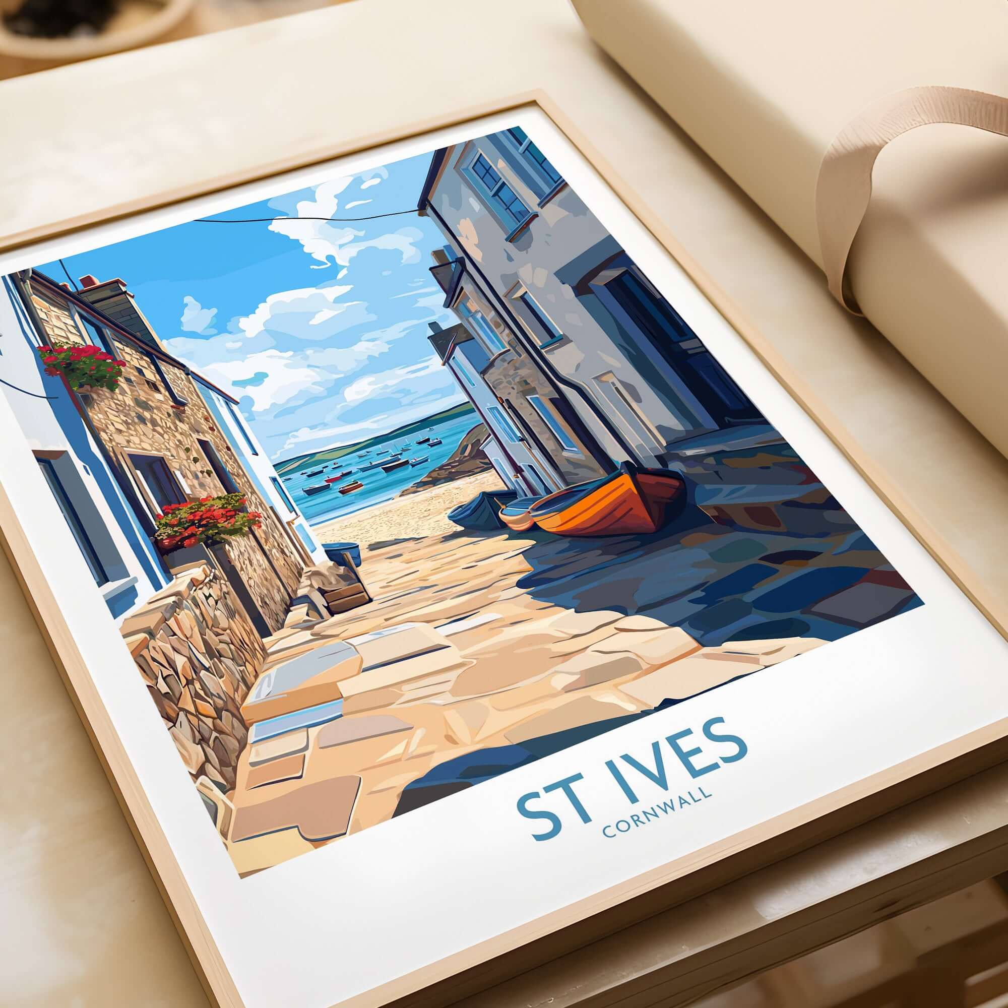 St Ives Cornwall Cornish Village Wall Art - Harbor Boats Decor featuring a coastal scene with harbor boats and stone alleys.